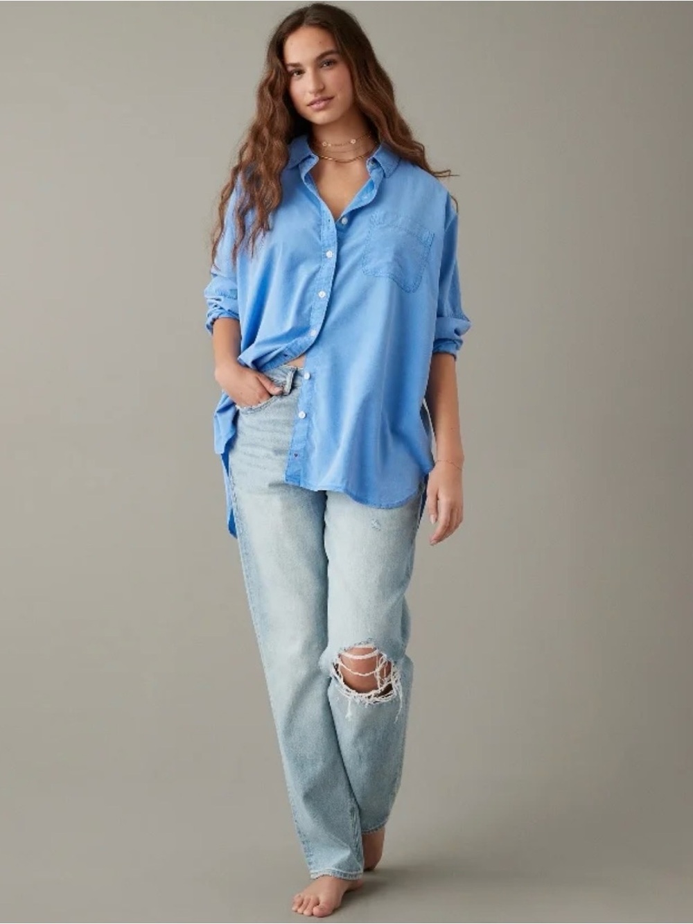 American Eagle Oversized Button Up Shirt Size Medium Blue Cotton Blend